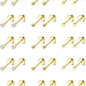 Small Gold & CZ Flat Back Cartilage Earring Set, 15 Pairs, Surgical Steel, Comfo